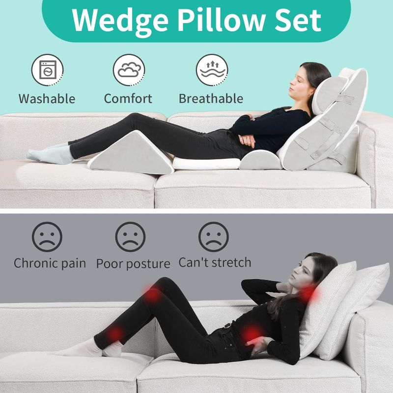 Photo 1 of 4 PC Wedge Pillow for Sleeping, Adjustable Wedge Pillow Set for Back, Neck, Leg Support, Acid Reflux, Gerd, Anti Snoring with Washable Cover & Travel Bag