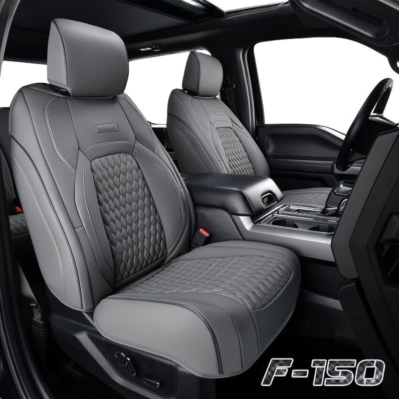 Photo 1 of (USED) Truckiipa Ford F150 Seat Covers Full Set, Full Coverage Luxury Car Seat Cover Waterproof Faux Leather Protector Pickup Truck Accessories Fit for 2015-2023 Ford F150, 2017-2022 F250 F350 F450, Gray 