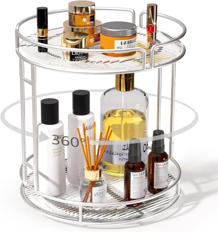 Photo 1 of Acliys Rotating Makeup Organizer for Vanity?Bathroom Countertop Spinning Perfume Organizer?High-Capacity Cosmetic and Skincare Organizer for Dresser?2 Tier,Silver?