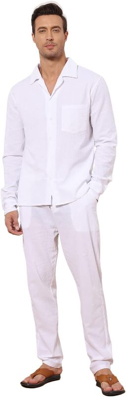 Photo 1 of EndoraDore Men's Outfits Linen Button Down Long Sleeve Shirt And Casual Beach Drawstring Waist Pants 2 Piece Set - LARGE 
