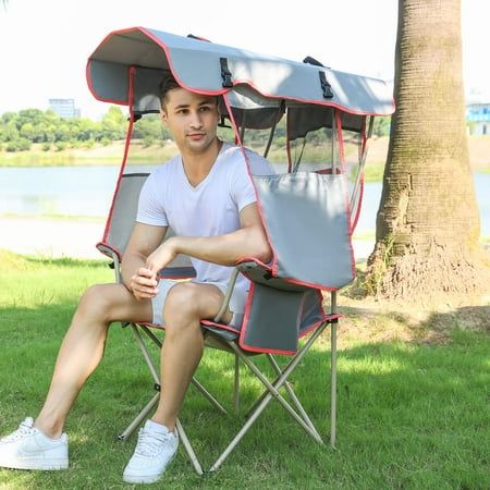 Photo 1 of Camping Brothers Camping Chair with Shade Canopy - Outdoor Folding Patio Chair - Includes Retractable Sun Shade Cup Holder Side Pockets (Gray)
