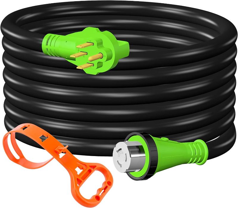 Photo 1 of 50 Amp RV Extension Power Cord, 25FT Lockable Heavy Duty 6/3 + 8/1 SJTW AWG Gauge Cord, NEMA 14-50P to SS2-50R with Cord Organizer, LED Indicator & Grip Handle, 125V/250V