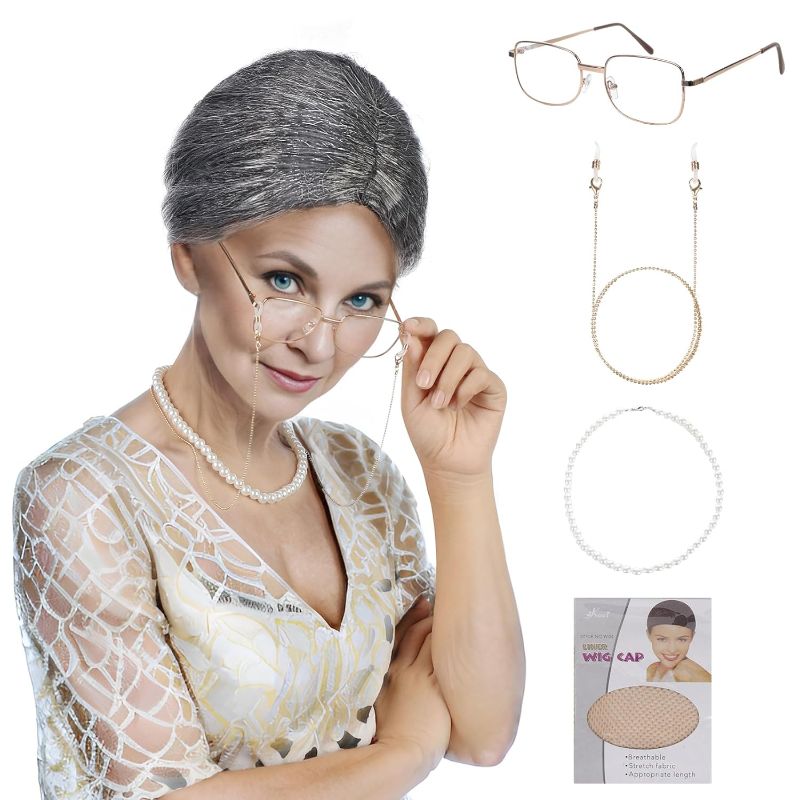 Photo 1 of  Gray Old Lady Costume Wig Set Grandma Wig And Costume For women Granny Wig Costume For Adults Old Lady Costume Wig For Kids For Christmas Gift
