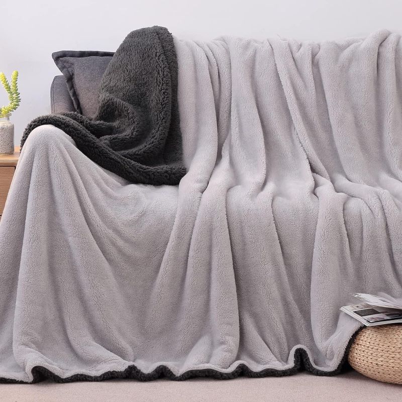 Photo 1 of  Ultra-Soft Thick Micromink Sherpa Blanket Throw for Couch, Reversible Fuzzy Warm Throw Blanket All Season for Men Women Gifts (50X60 Black and Grey) Charcoal Grey Throw