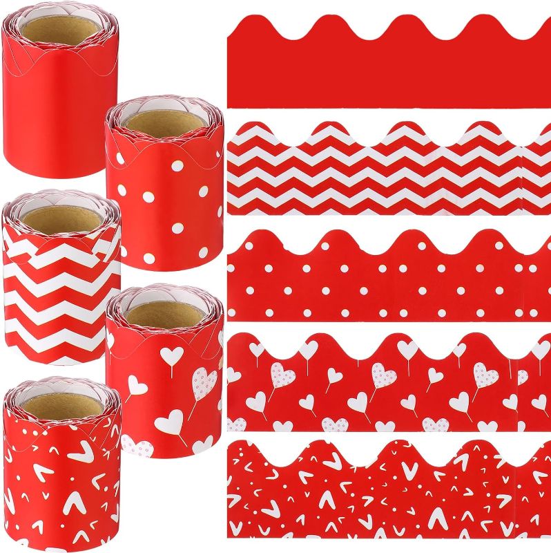 Photo 1 of 10 Rolls 164 ft Valentine's Day Scalloped Bulletin Board Borders 5 Styles Rolled Bulletin Board Decorations Border Trim Scalloped Classroom Borders for Bulletin Board, White Board(Red)
