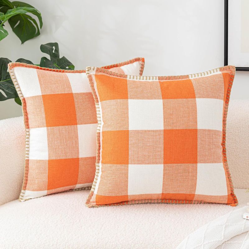 Photo 1 of 2 Buffalo Check Plaid Throw Pillow Covers, Farmhouse Decorative Square Outdoor Pillows Cushion Cover for Sofa Couch Living Room Home Garden Chair Decor (Orange and White, 18x18 inches)