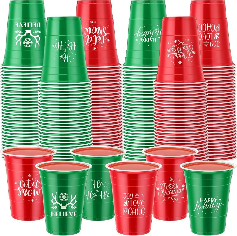 Photo 1 of 120 Pcs Christmas Plastic Cups Bulk 16 oz Christmas Stadium Cups Disposable Christmas Cups Snowflake Elk Star Christmas Tree Drinking Cups for Xmas Birthday Party Supplies(Red, Green)