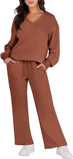 Photo 1 of Caracilia Women's Two Piece Outfits Matching Sets Long Sleeve Pullover Tops and Wide Leg Pants Tracksuit Lounge Sets - Large
