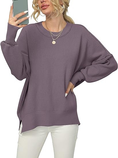 Photo 1 of ANRABESS Women Crewneck Batwing Sleeve 2023 Fall Oversized Side Slit Ribbed Knit Pullover Sweater Top
