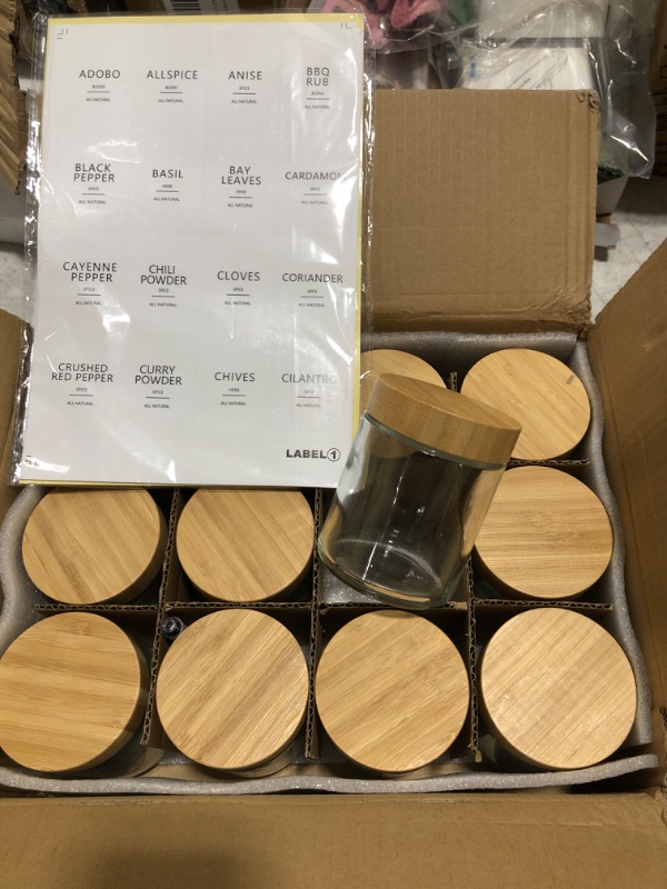 Photo 1 of 12GLASS JARS WITH BAMBOO LIDS WITH LABELS