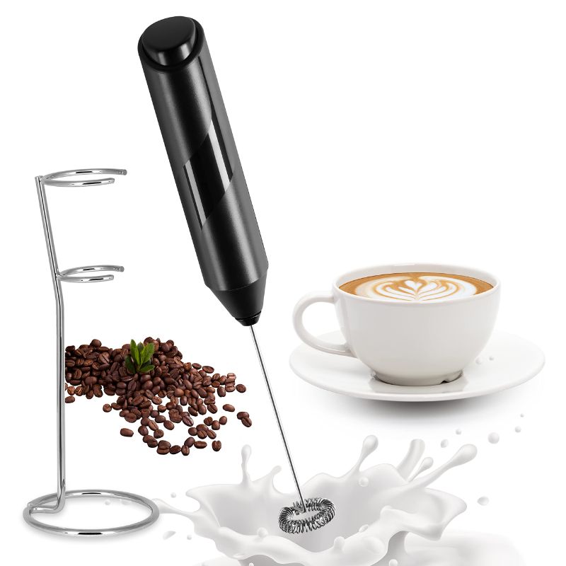 Photo 1 of  2 PACK - YSSOA Electric Milk Frother Handheld with Stainless Steel Stand Battery Operated Whisk Drink Mixer for Coffee, Frappe, Latte, Matcha, Hot Chocolate, Black (1 Pack, Black2) 1 Pack Black2