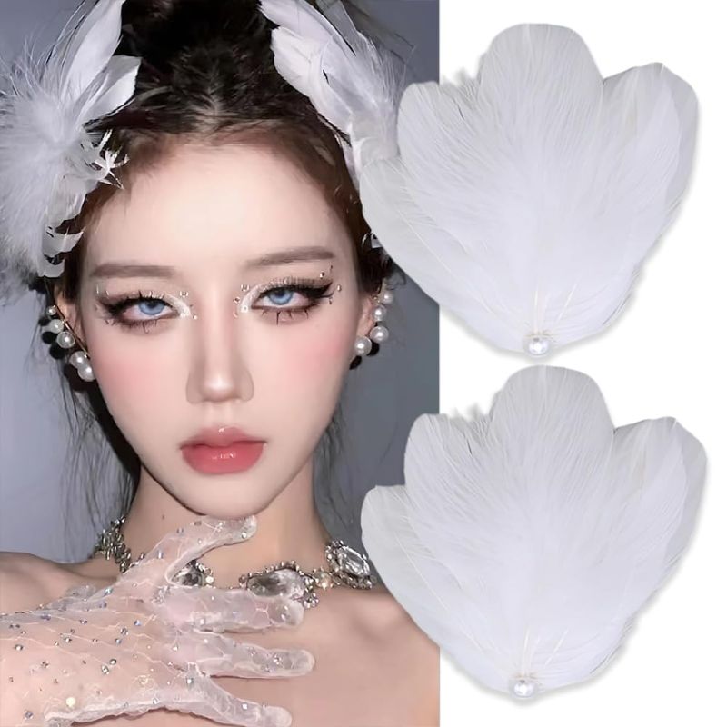 Photo 1 of 2pcs White Pearl Ostrich Hair Clip White Swan Feather Hair Pins Ballet Style Accessories for Women Girls Bride Wedding Engagement Birthday Christmas Valentine Stage Performance Headpiece