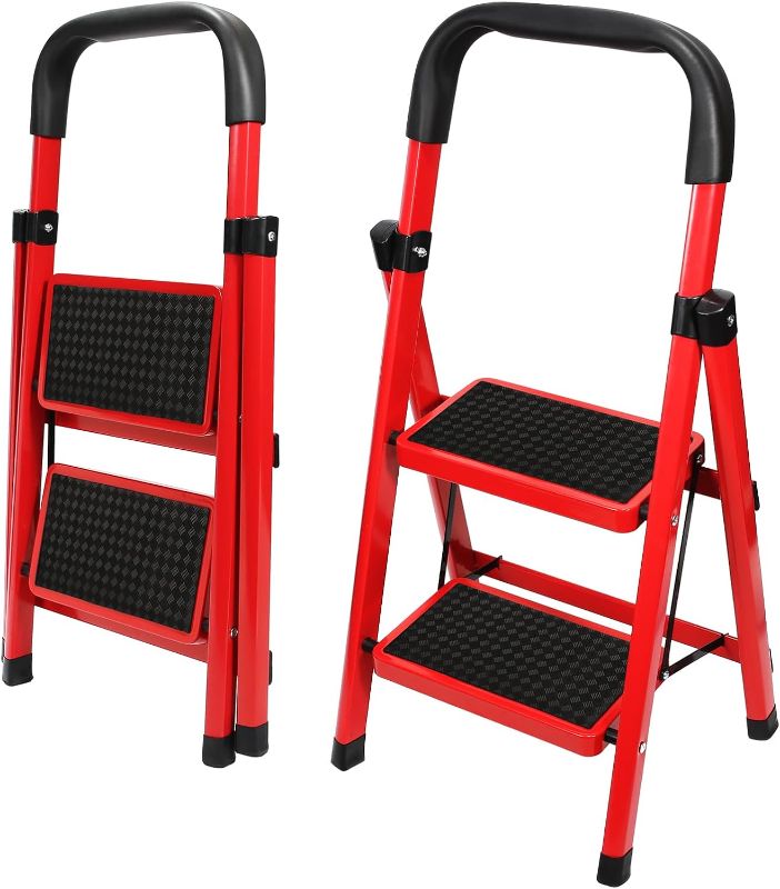Photo 1 of 2 Step Ladder,Folding Step Stool with Handgrip and Anti-Slip Wide Pedal,Lightweight and Sturdy,Ideal for Home Kitchen Office Use. (Red-2 Step)