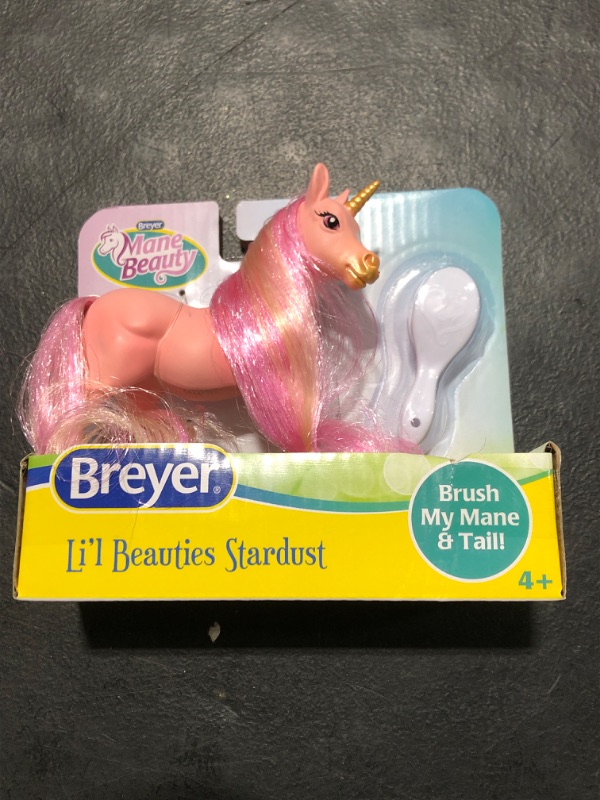 Photo 2 of Breyer Horses Mane Beauty Li'l Beauties | Stardust - Unicorn | Brushable Pink and Gold Mane and Tail | 4.25" L x 3.25" H | Model #7414 4 Inch Pink