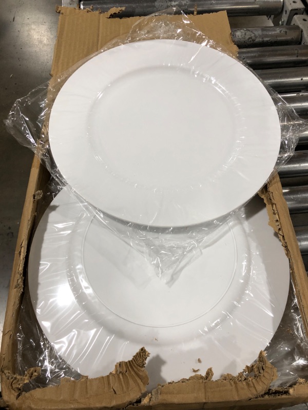 Photo 1 of Tanlade 24 Pack White Charger Plates Bulk 13 Inch Round Plastic Dinner Charger Plates White Charger Service Plates Disposable Decorative Plates Dinner Chargers for Wedding Party Formal Events Kitchen
