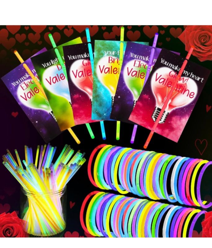 Photo 1 of 200 Pack Valentines Day Cards with Glow Sticks Valentine's Day Gifts for Boys Girls Teens Neon Bracelets Glow Necklaces Valentine Classroom Exchange Cards for School Prize Party Favor