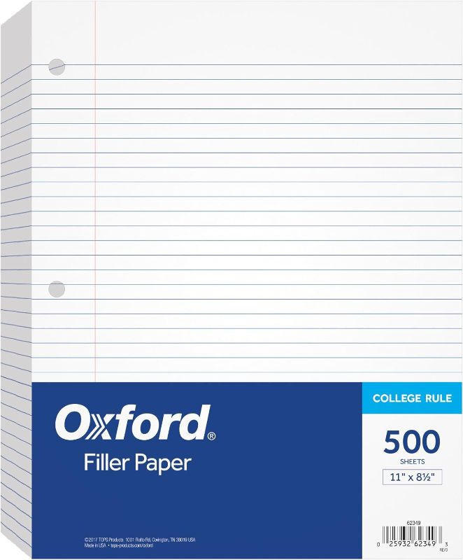 Photo 1 of 2pk of Oxford Filler Paper, 8-1/2" x 11", College Rule, 3-Hole Punched, Loose-Leaf Paper for 3-Ring Binders, 500 Sheets Per Pack (62349),White
