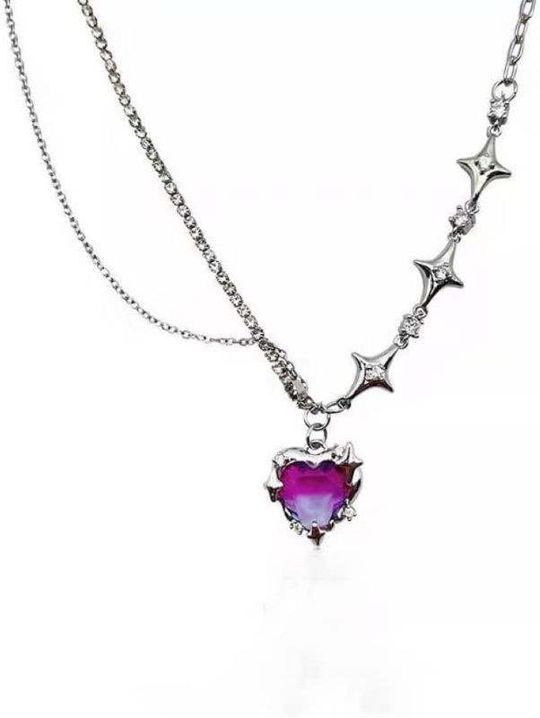 Photo 1 of 925 Sterling Silver Zirconic Purple Gradient Heart Shape Pendant Necklace Four Pointed Star Chain Elegant Amethyst Pendant Necklace Gift for Women Romantic Love Jewelry
