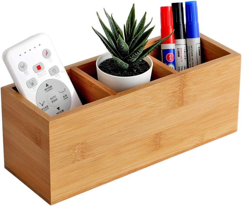 Photo 1 of YOSCO Bamboo Wood Pens Pencils Holder Cup for Desk Remote Control Holder, Caddy,Organizer,Desktop Storage with 3 Compartments,Multiuse for Store TV Remotes,Game Console,Phones,Office Supplies (3 Grid)