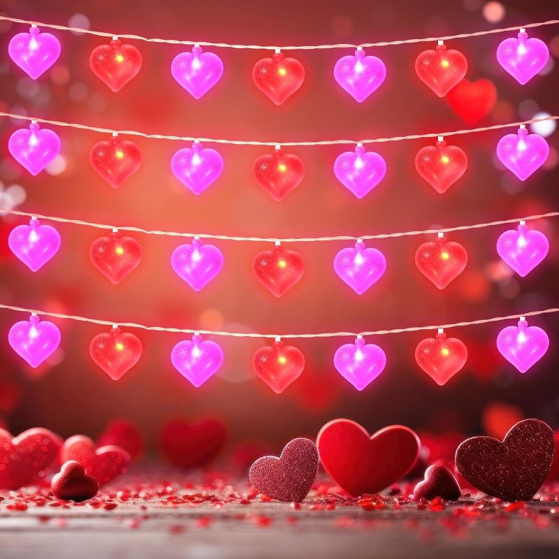 Photo 1 of 2 Packs Valentine's Day Glitter Heart Lights 10 Ft 20 LED 3D Heart String Lights Battery Operated Valentines Lights Decorations for Indoor Outdoor Wedding Anniversary(Red, Pink)