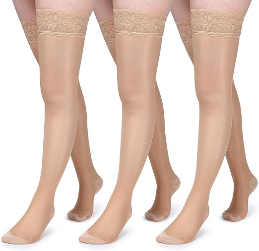 Photo 1 of 3 Pairs Sheer Compression Socks Thigh High 15-20 mmHg Lace Sheer Compression Stockings for Women Men Swelling Edema Size M 