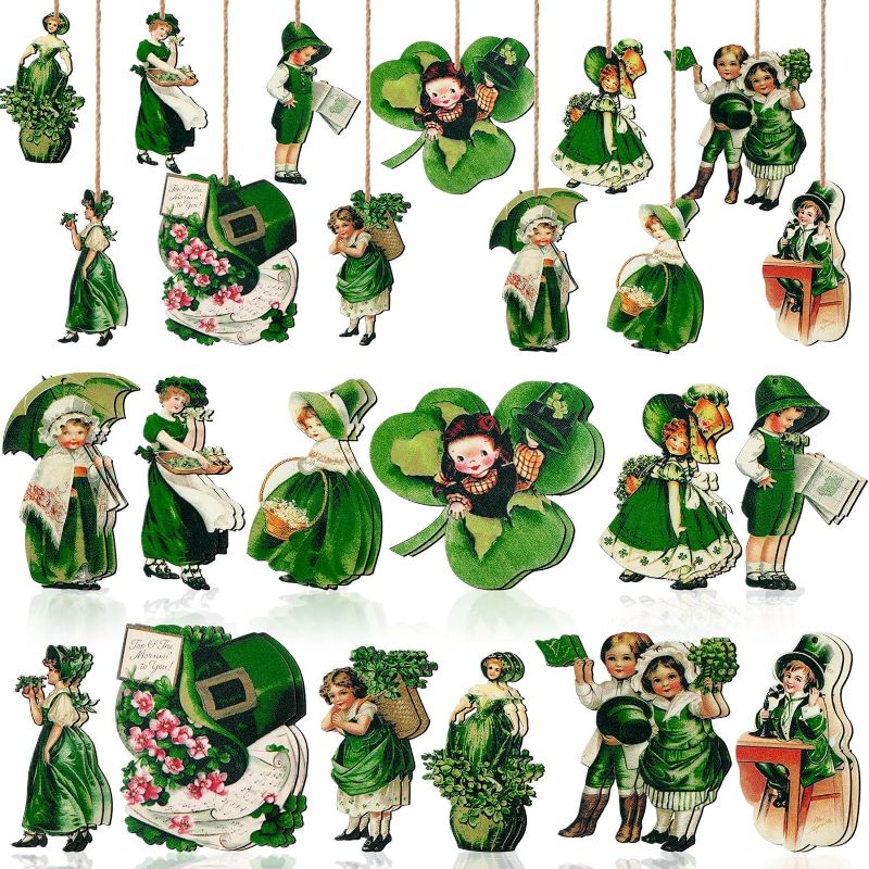 Photo 1 of 24 Pcs St. Patrick's Day Vintage Ornaments Shamrocks Wooden Ornaments Signs Cutouts Hanging Ornament with Rope for St. Patrick's Day Tree Home Party Table Decor