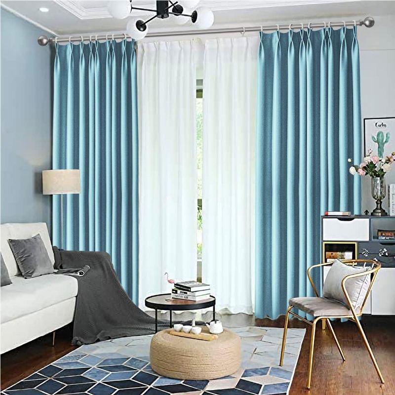 Photo 1 of IYUEGO Pinch Pleat Solid Thermal Insulated 95% Sky Blueout Patio Door Curtain Panel Drape for Traverse Rod and Track, Sky Blue 150" W x 102" L (One Panel)