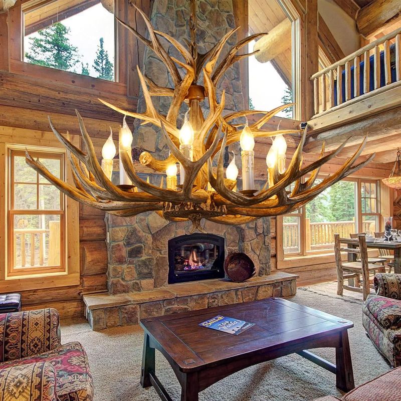 Photo 1 of Chandelier Lighting Double Layer, 8 Lights 14 Antlers Large Resin Deer Antlers Chandelier, Retro Deer Horn Chandelier with E12 Base, Rustic Antler Lamp for Dinning Room, Cafes, Cabin, Kitchen
