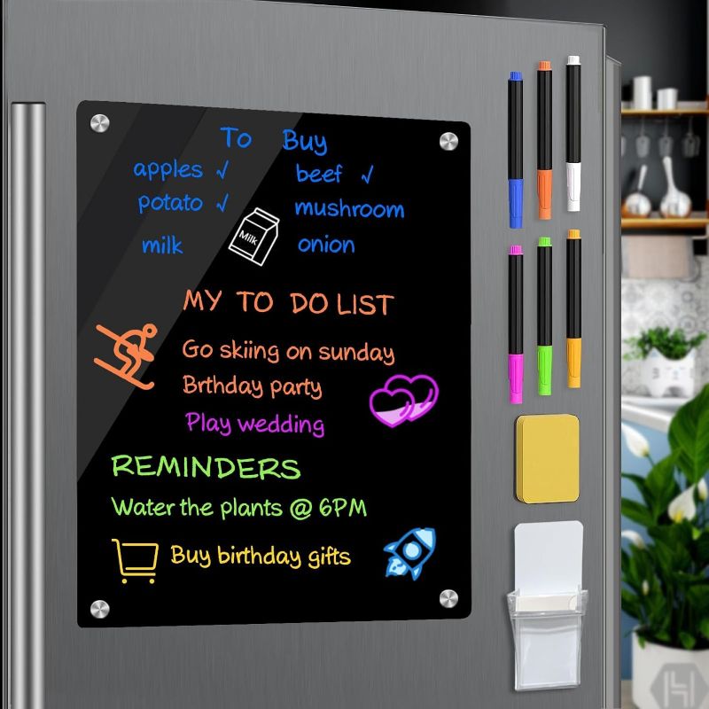 Photo 1 of 16"x12" Acrylic Magnetic Dry Erase Board for Fridge, Clear Acrylic Magnet Calendar for Refrigerator,Includes 6 Kinds Products Set(Black Blank)
