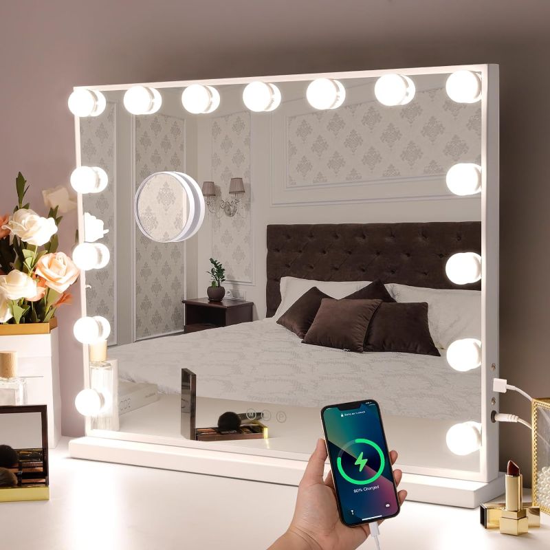 Photo 1 of Hansong Vanity Mirror with Lights, 22''x18'' Hollywood Mirror, Makeup Mirror with 15 Dimmable Bulbs, 10X Magnification and USB Charging Port, White