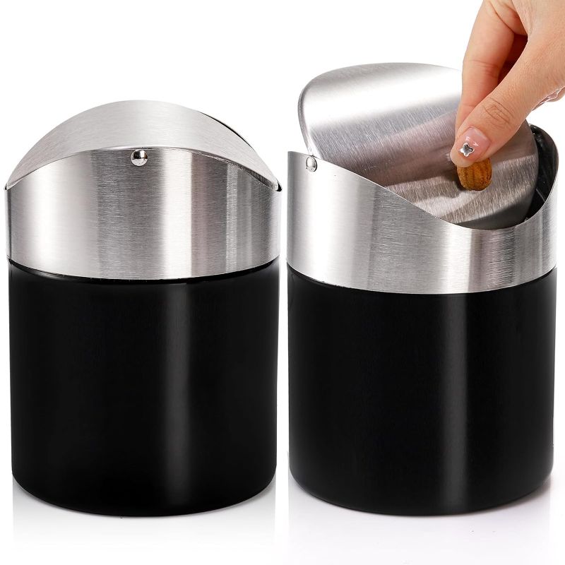 Photo 1 of ZOOFOX Set of 2 Mini Trash Can with Swing Lid, Brushed Stainless Steel Countertop Garbage Bin, Modern Tiny Waste Basket for Office Desk, Vanity, Makeup Tabletop, Coffee Table