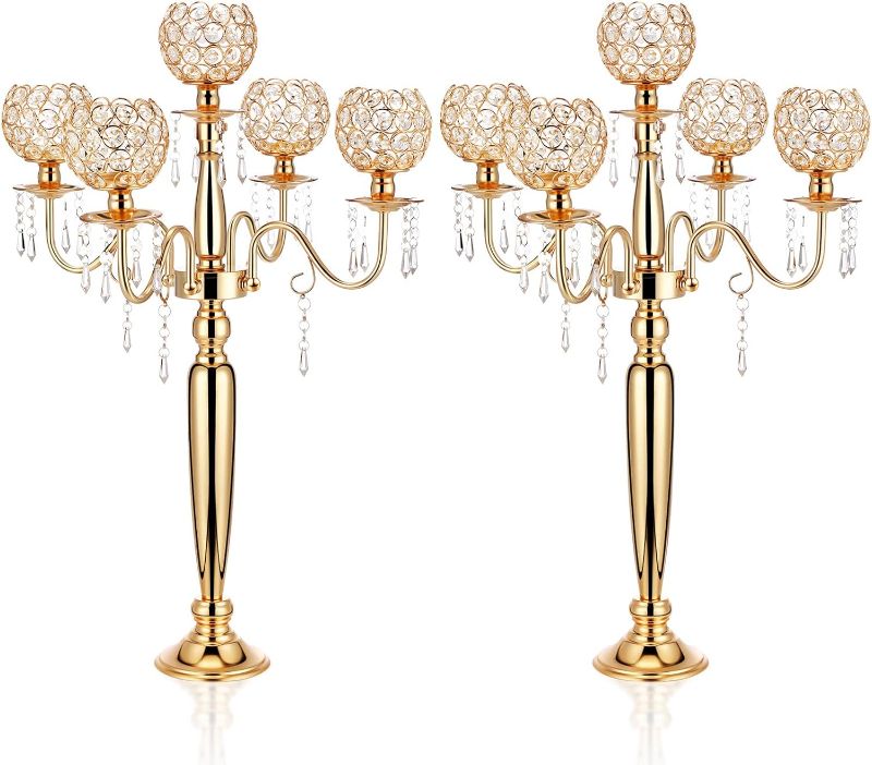 Photo 1 of 2 Pcs 5 Arm Crystal Candelabra Centerpieces for Tables 29.5 Inch Gold Candle Holders for Table Centerpiece Tall Crystal Candle Holders for Wedding Party Dinner Formal Gifts Assemble by Yourself