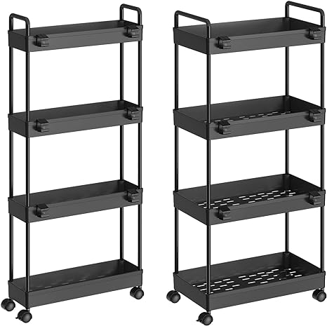 Photo 1 of 2 Pack 4 Tier Slim Storage Cart, Bathroom Organizer Laundry Room Organization Mobile Shelving Unit Slide Out Utility Rolling Rack with Wheels for Kitchen Garage Office Small Apartment Narrow Space