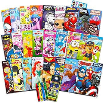 Photo 1 of 24 Bulk Coloring Books for Kids Ages 4-8 - Assorted 24 Licensed Coloring Activity Books for Boys, Girls | Bundle Includes Full-Size Books, Crayons, Stickers, Games, Puzzles, More (No Duplicates)