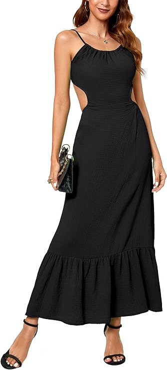 Photo 1 of Aigeman Womens Sexy Spaghetti Straps Sleevelss Halter Neck Backless Maxi Dress Cutout Waist Ruffle Hem Party Dress 179 XS