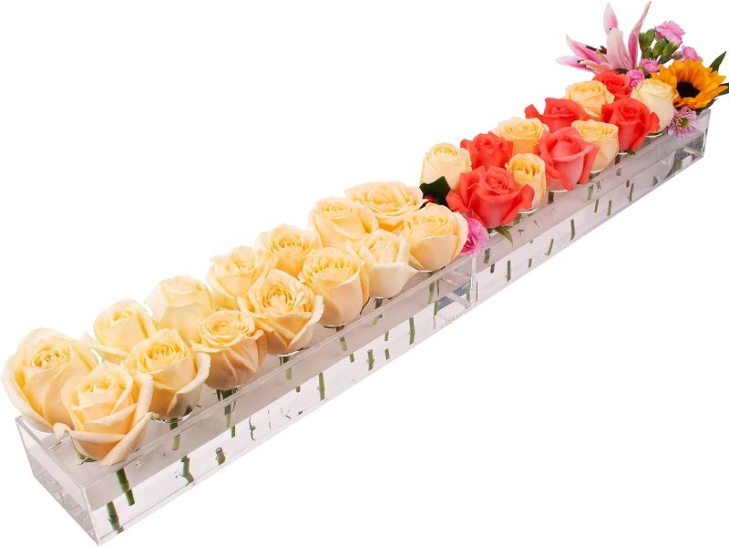 Photo 1 of 2 Pack Rectangular Floral Centerpiece for Dining Table - 32.2 Inches Long Rectangle Acrylic Vase Clear Vases for Home Decor Wedding(Flowers not Included)
