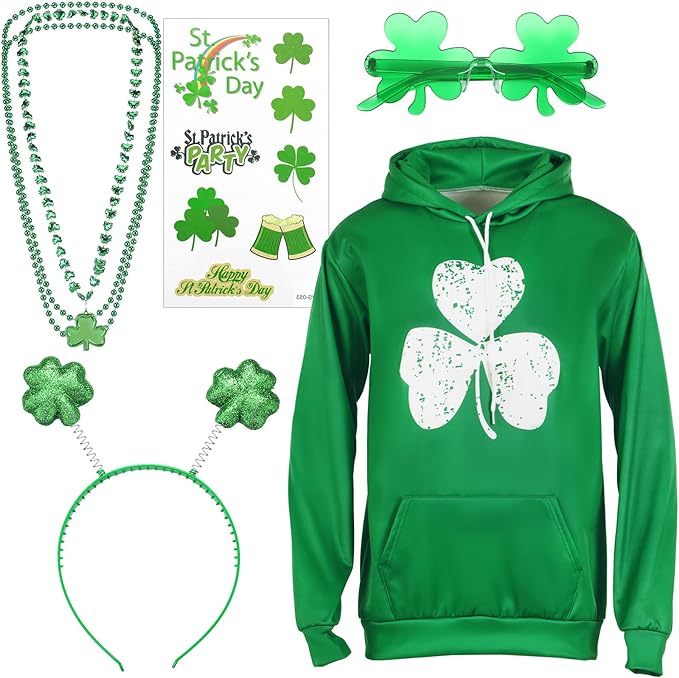 Photo 1 of 7 Pcs St. Patrick's Day Hoodie Costume Irish Sweatshirt Shamrock Glasses Necklaces Headband Tattoos for Women Men