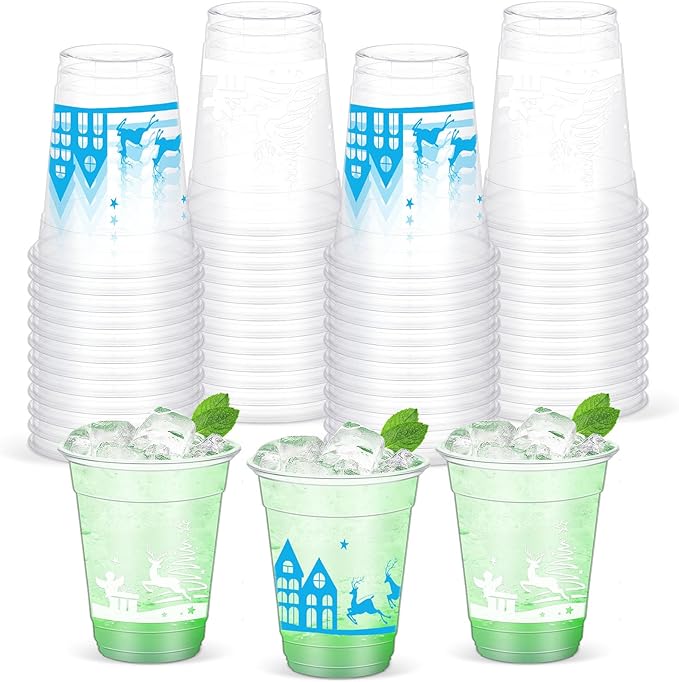 Photo 1 of Yaomiao 50 Pcs Christmas Party Cups Bulk Xmas Winter Holiday Plastic Cup Disposable Christmas Tree Elk Cup Christmas Holiday Drinking Cup for Christmas Winter Holiday Party Supplies(12 Oz, Winter Elk)