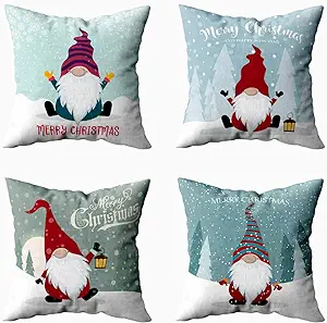 Photo 1 of 18X18 Pillow Cover Set of 4, Xmas Decorations Pillowcases Throw Pillow Covers Beautiful Retro Christmas Card with Gnome Flat Design for Xmas Gifts Sofa Bedroom Car Home Pillow Cover