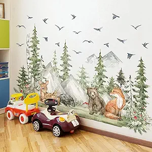 Photo 1 of Amaonm 4 Sheet of 12x36 inch Giant Mountain Forest Tree Wall Decal Woodland Deer Bear Fox Birds Wall Stickers 3D DIY Peel and Stick Jungle Wild Animal Pine Wall Decor for Kids Boys Bedroom Playroom