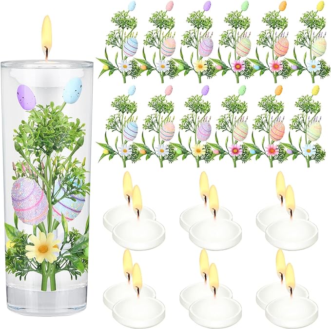 Photo 1 of 12 Sets Easter Vase Filler Easter Artificial Flower Spray with Pastel Easter Eggs Picks and Unscented Floating Candles for DIY Crafts Vase Home Table Centerpiece Easter Spring Party Decor