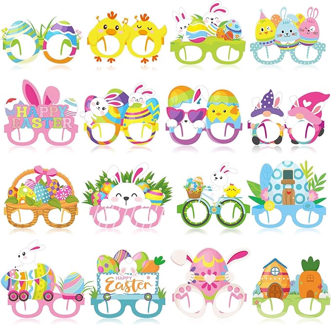 Photo 1 of 32 Pcs Easter Party Decorations Happy Easter Paper Glasses Frame Easter Bunny Photo Booth Props Girls Easter Egg Eyeglasses Supplies for Girls Happy Spring Easter Birthday Party Favor