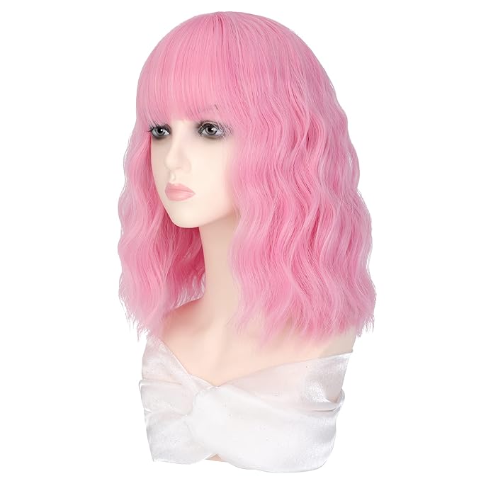 Photo 1 of 12" Short Wavy Bob Hair Wigs With Air Bangs For Women Female Shoulder Length Daily Use Colorful Wig Party Light Pink Hair Replacement Wigs Heat Resistant Synthetic Natural Looking Colorful