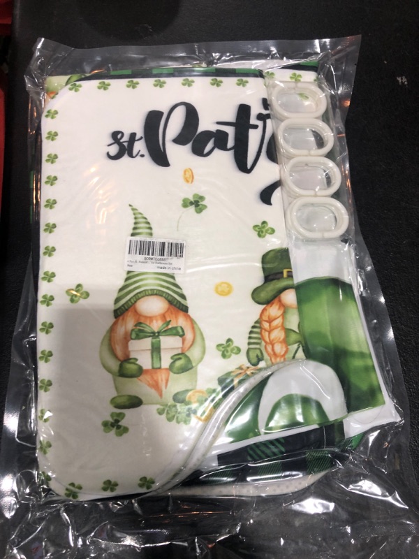 Photo 1 of 4 Pcs St. Patrick's Day Shower Curtain Set with Rugs, Toilet Lid Cover Bath Mat ,Green Shamrock Gnome Decoration Shower Curtain with 12 Hooks,65 x 70 Inches Waterproof Shower Curtain for Bathroom Set St. Patrick's Day one size