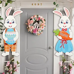 Photo 1 of 2 Pcs 9.4 x 28.4 Inch Wooden Rabbit Easter Rabbit Ornaments Hanging Rabbit Easter Decor for Door Porch Garden Yard Indoor Easter Holiday Party Outdoor Home Decorations