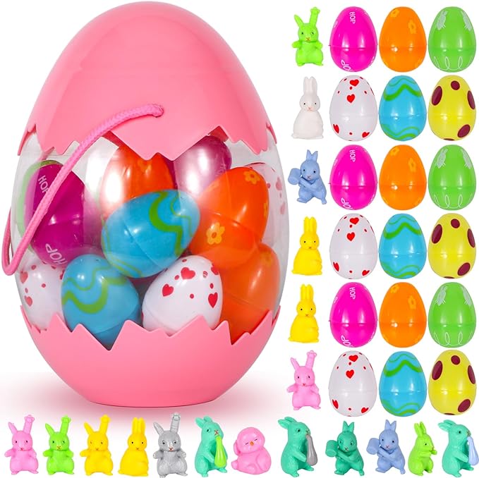 Photo 1 of Atonofun 18 Pack Prefilled Easter Eggs Filled with Bunny Toys, Easter Eggs Hunt Easter Easter Basket Filler Stuffers for Toddlers Kids, Easter Party Favors Gifts for Boys Girls Easter Eggs with Toys 