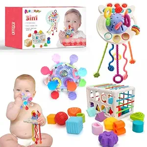 Photo 1 of 3 in 1 Montessori Toys for Baby 0-3-6-9-12 Months, Pull String Baby Teething Toys, Color Shape Sensory, Montessori Toys Baby Teether, Developmental Toys for Toddler, Gift for Baby Toys 6-12-18 Months 