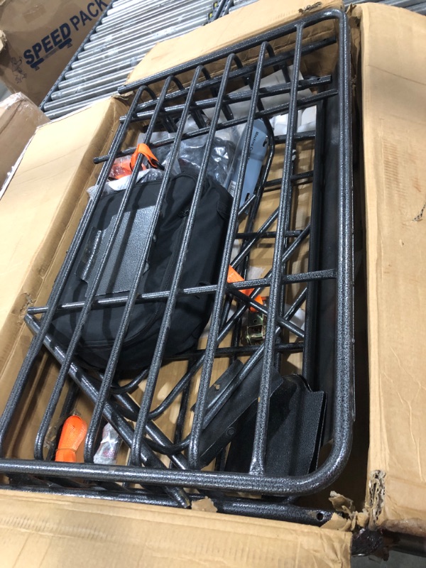 Photo 2 of Mockins Adjustable Roof Rack Cargo Carrier Set | 250 Lbs. Capacity | 43 /64 X 39 X 6 | Includes Rooftop Rack Cargo and Storage Bag Bungee Net Lo
missing parts, unable to assemble.
sold for parts only!