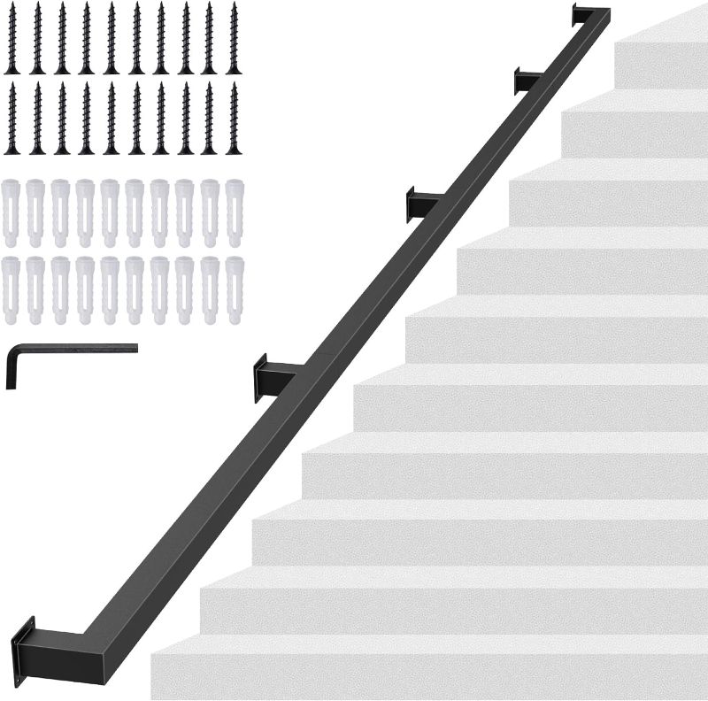 Photo 1 of 12FT Square Tube Handrail, Wall Mount Industrial Modern Staircase Railing for Indoor Outdoor Steps, 440lbs Load Capacity, Carbon Steel Non-Slip Grab Handle for Stairs Loft Porch, 4 Sections
