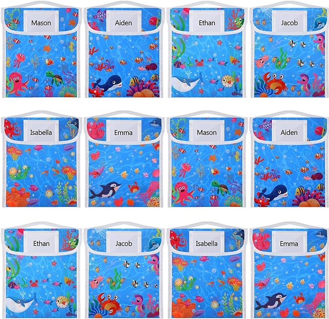 Photo 1 of 12 Set Book Pouches for Students Nylon Book Bag Classroom Take Home Bags Store 10 x 12 Inch More Medium Chairs Pockets Homework Folder Stitched on Handle Clear Name Tag Pocket (Sea Animal)
